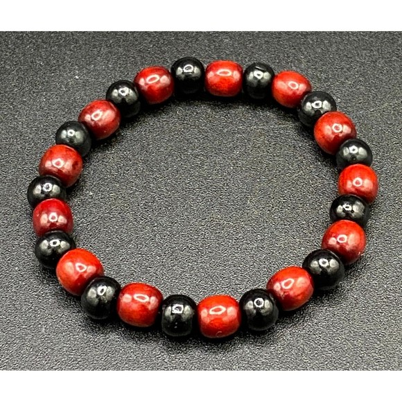 Red Burgundy and Black Wood Bead Expandable Bracelet - Picture 1 of 2